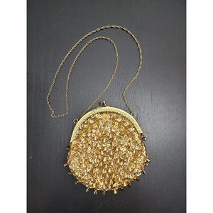 VTG Gold Dangling Beaded Sequin Yellow Satin Baguette Evening Bag Clutch Purse